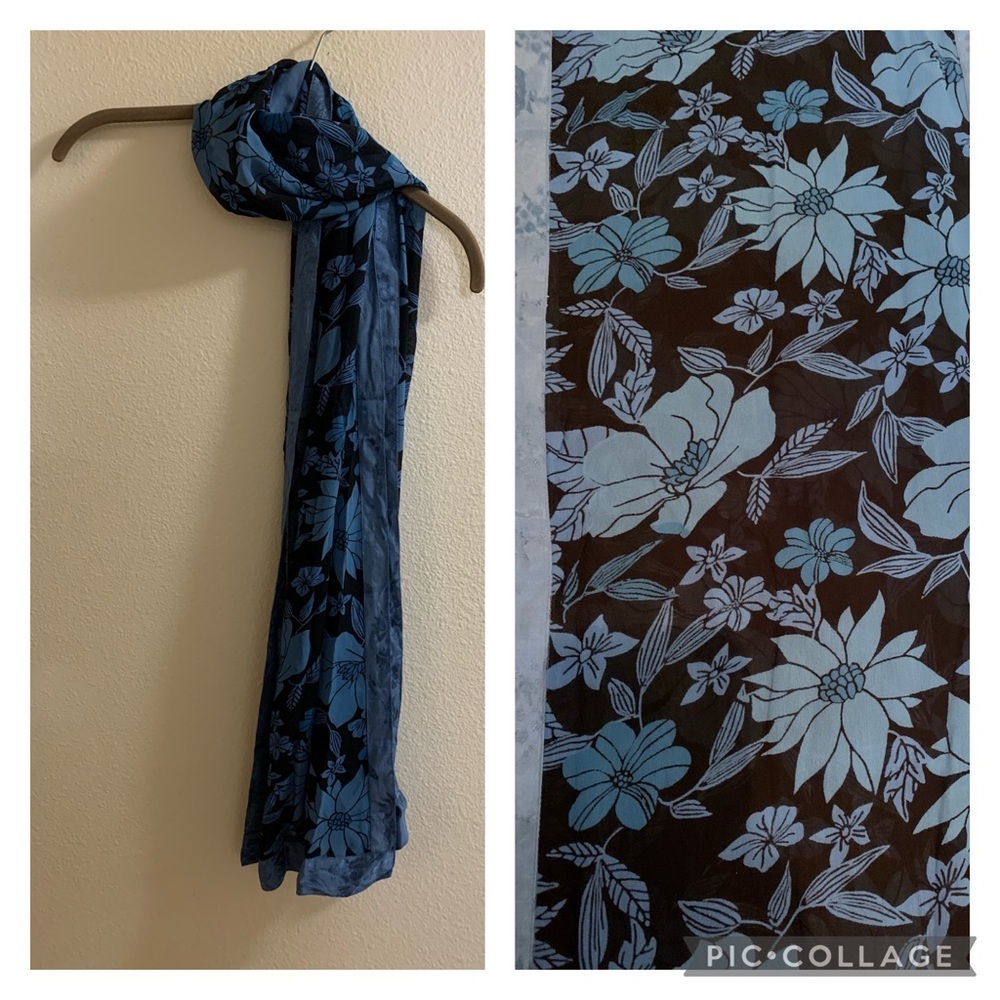 Kavita Blue Floral Scarf Tapestry Edging Head Scarf-Purse Twilly Tie Scarf